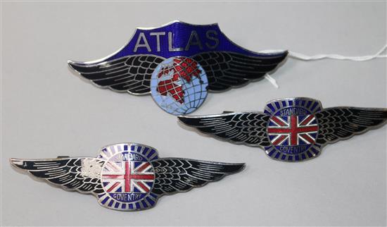 Three enamelled car badges: Atlas by R.Fray Ltd and two Standard, Coventry, 4in.